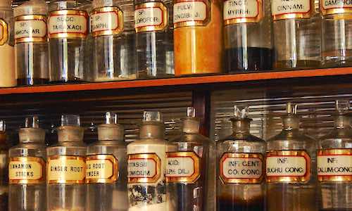 alzheimers jars of chemicals on apothecary shelf