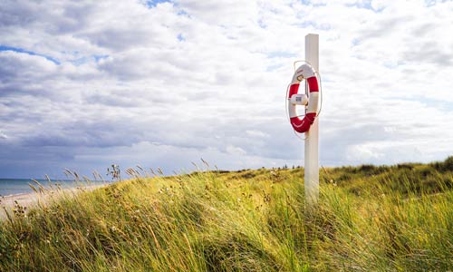 untitled red and white life preserver on post beachgrass dune